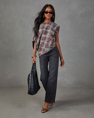 Alessi Plaid Off the Shoulder Frayed Trim Top