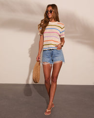 Arelle Striped Open Knit Short Sleeve Top