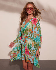 Arellie Tropical Floral Waist Tie Cover Up Top