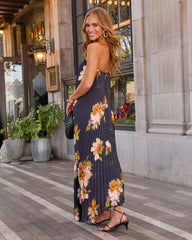 Adrenia Pleated Floral Print Satin Maxi Dress