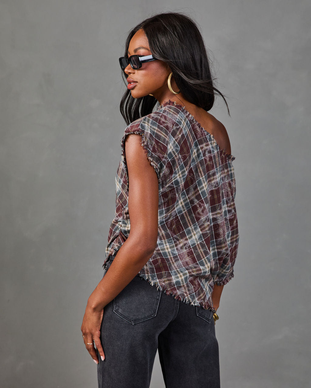 Alessi Plaid Off the Shoulder Frayed Trim Top