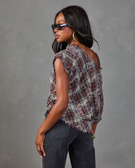 Alessi Plaid Off the Shoulder Frayed Trim Top