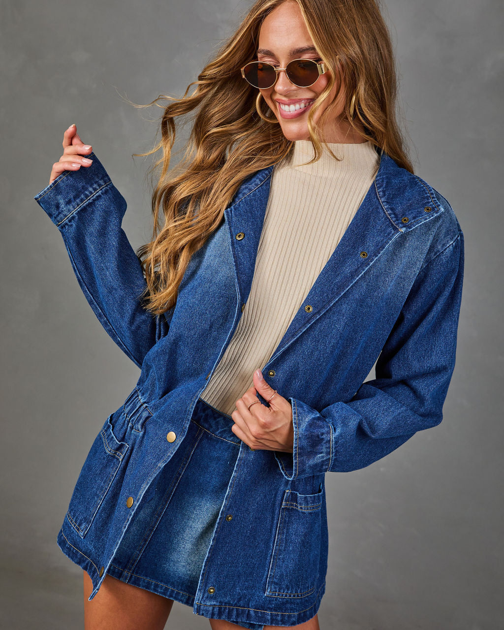 Autumn Capsule Funnel Neck Belted Denim Jacket