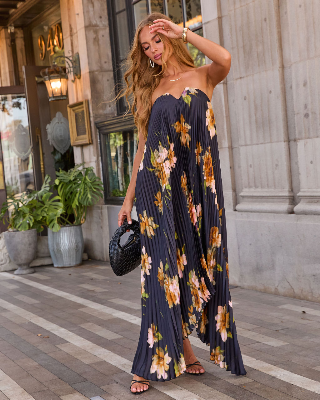 Adrenia Pleated Floral Print Satin Maxi Dress