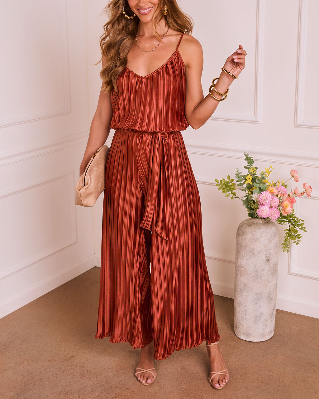 Amabel Satin Plisse Wrap Tie Jumpsuit