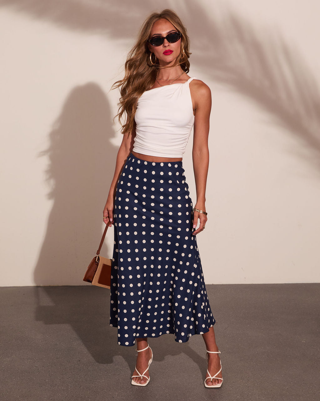 Americana Charm Linen Blend Polka Dot Midi Skirt
