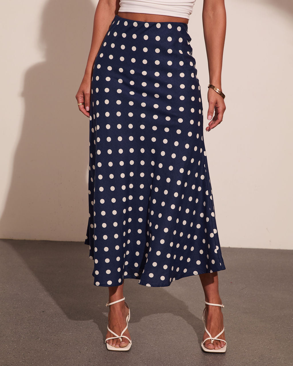Americana Charm Linen Blend Polka Dot Midi Skirt