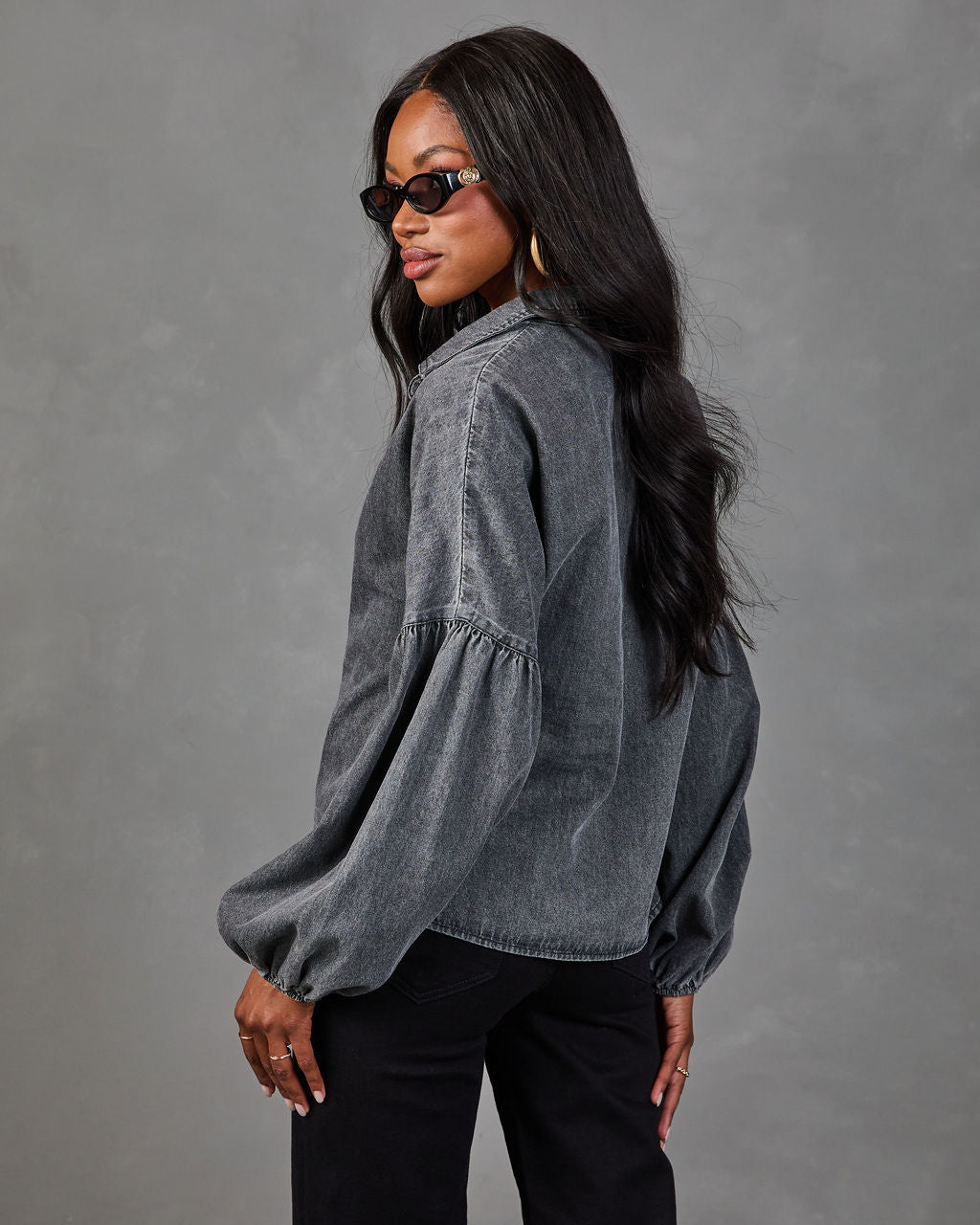 Apple Picking Denim Balloon Sleeve Blouse