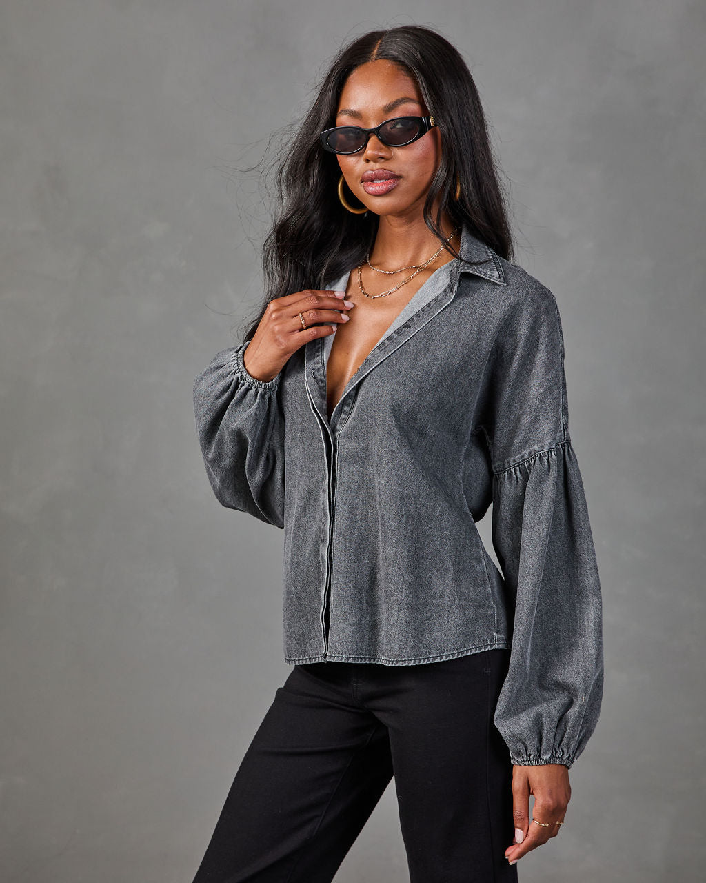 Apple Picking Denim Balloon Sleeve Blouse