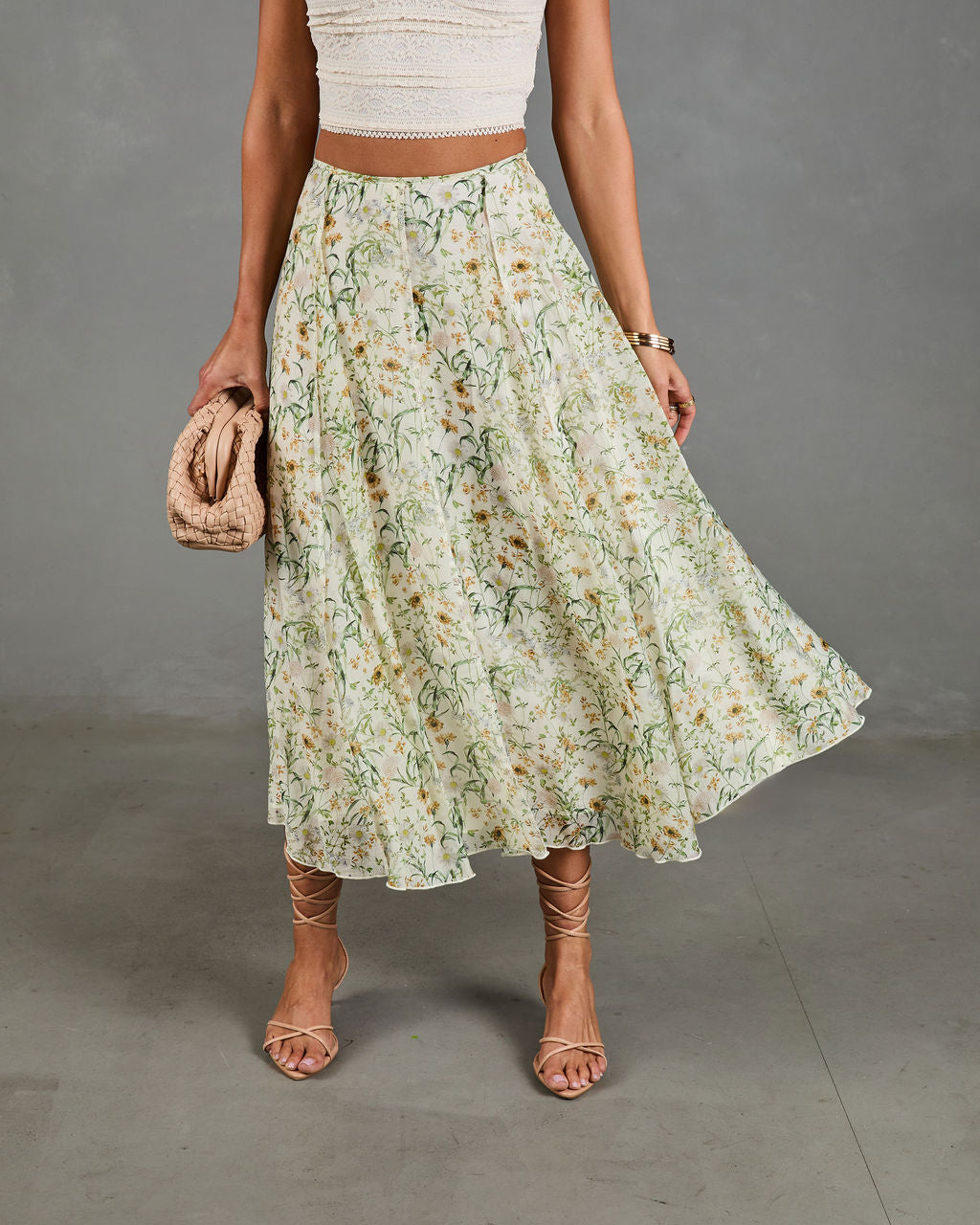 Adilene Pleated Floral Print Midi Skirt