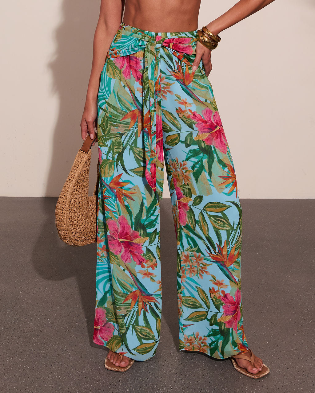 Arellie Tropical Floral Waist Tie Cover Up Pants