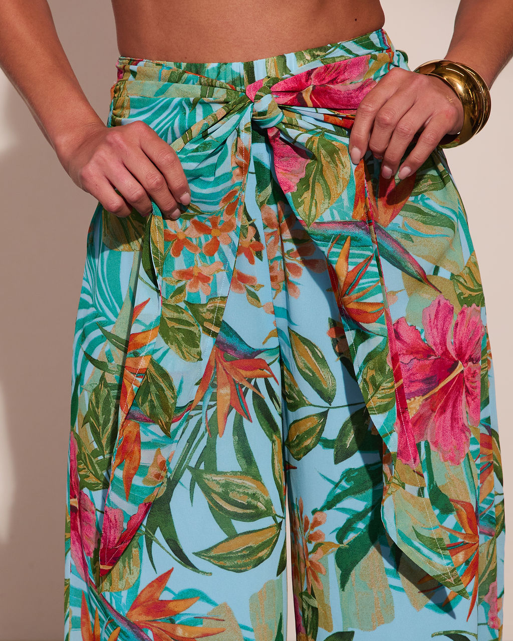 Arellie Tropical Floral Waist Tie Cover Up Pants