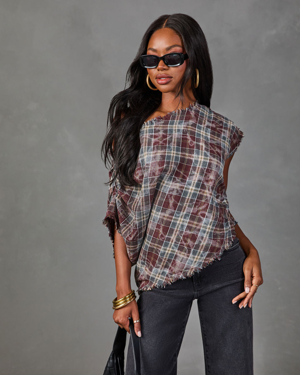 Alessi Plaid Off the Shoulder Frayed Trim Top