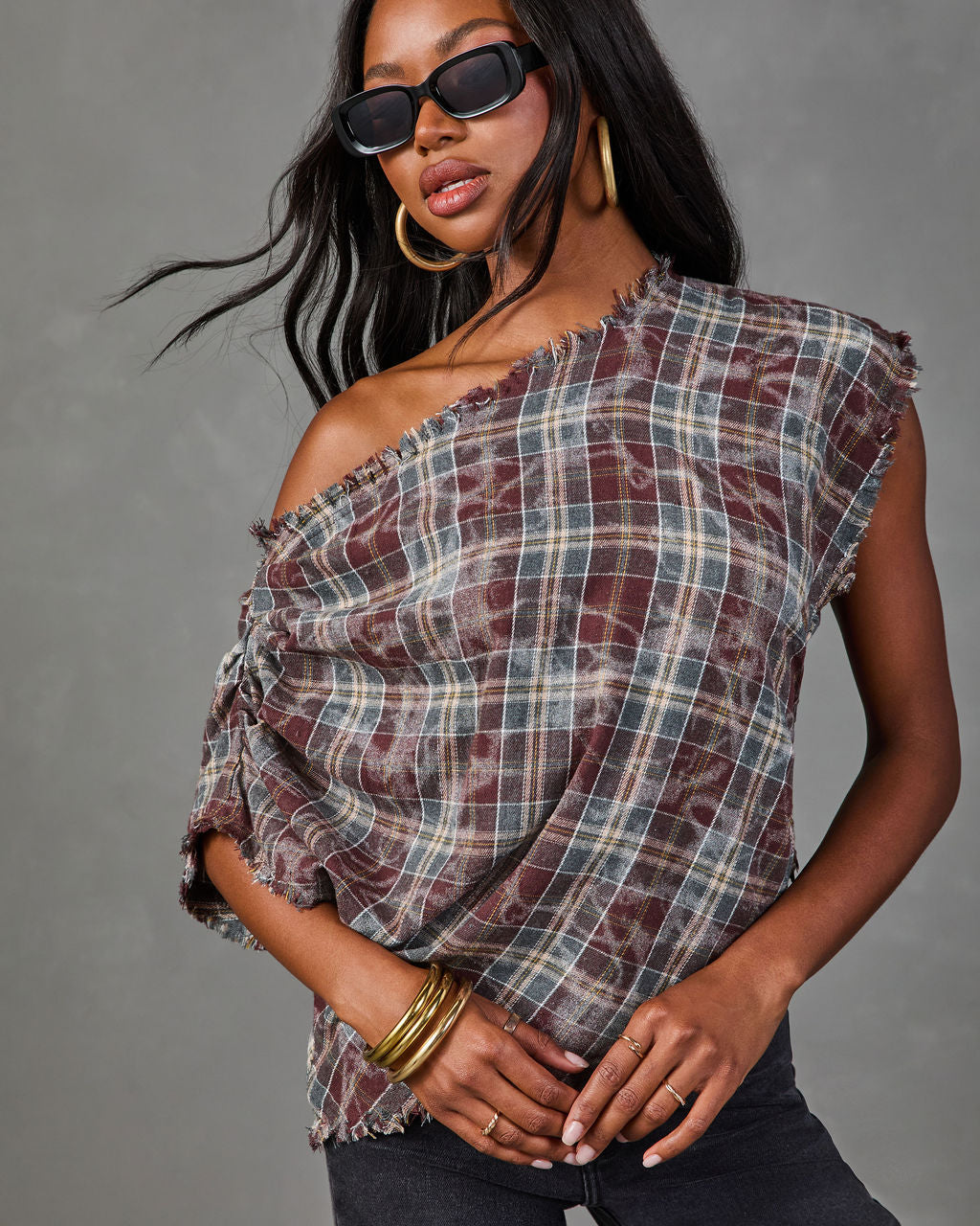 Alessi Plaid Off the Shoulder Frayed Trim Top