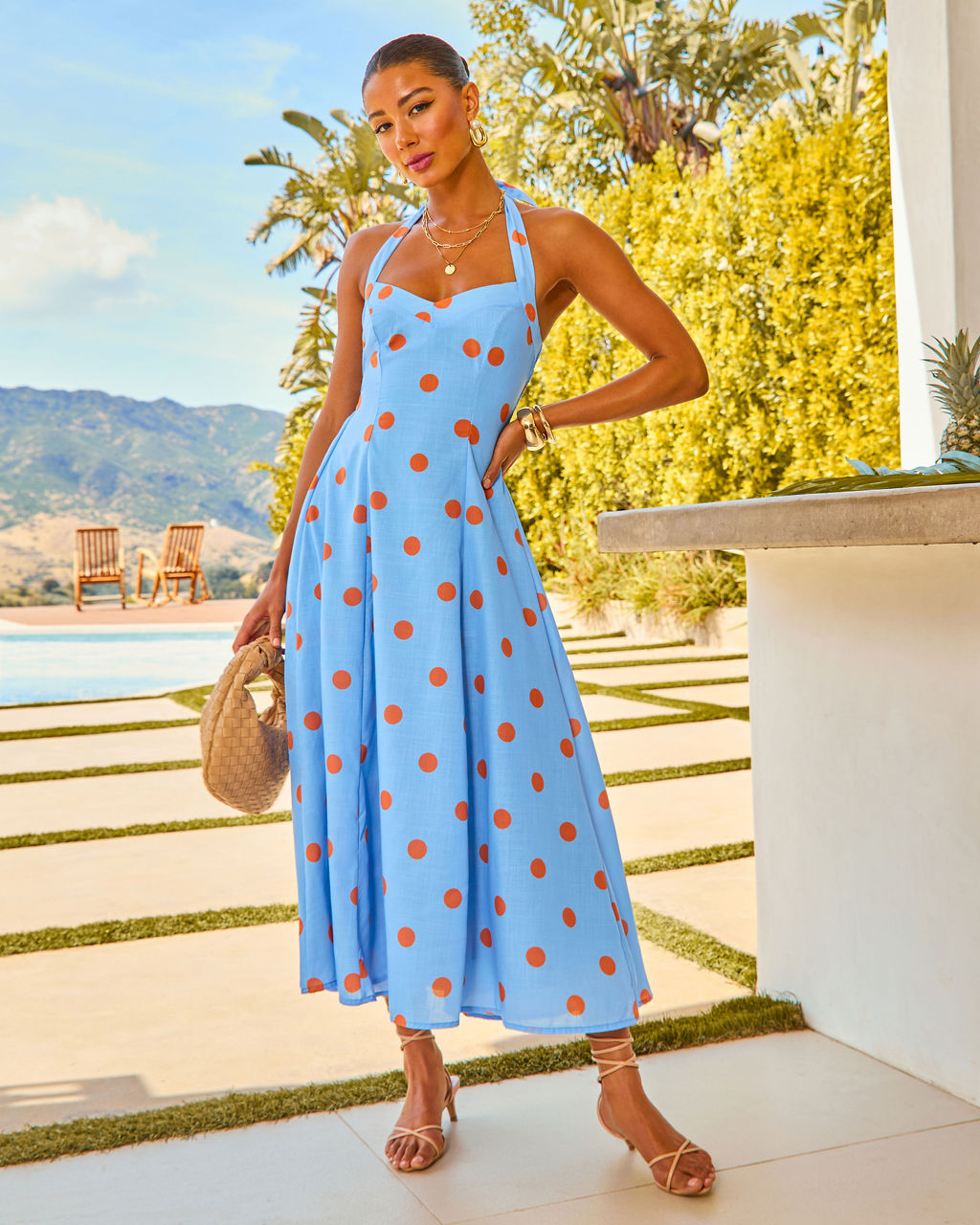 Beach Stroll Polka Dot Halter Midi Dress