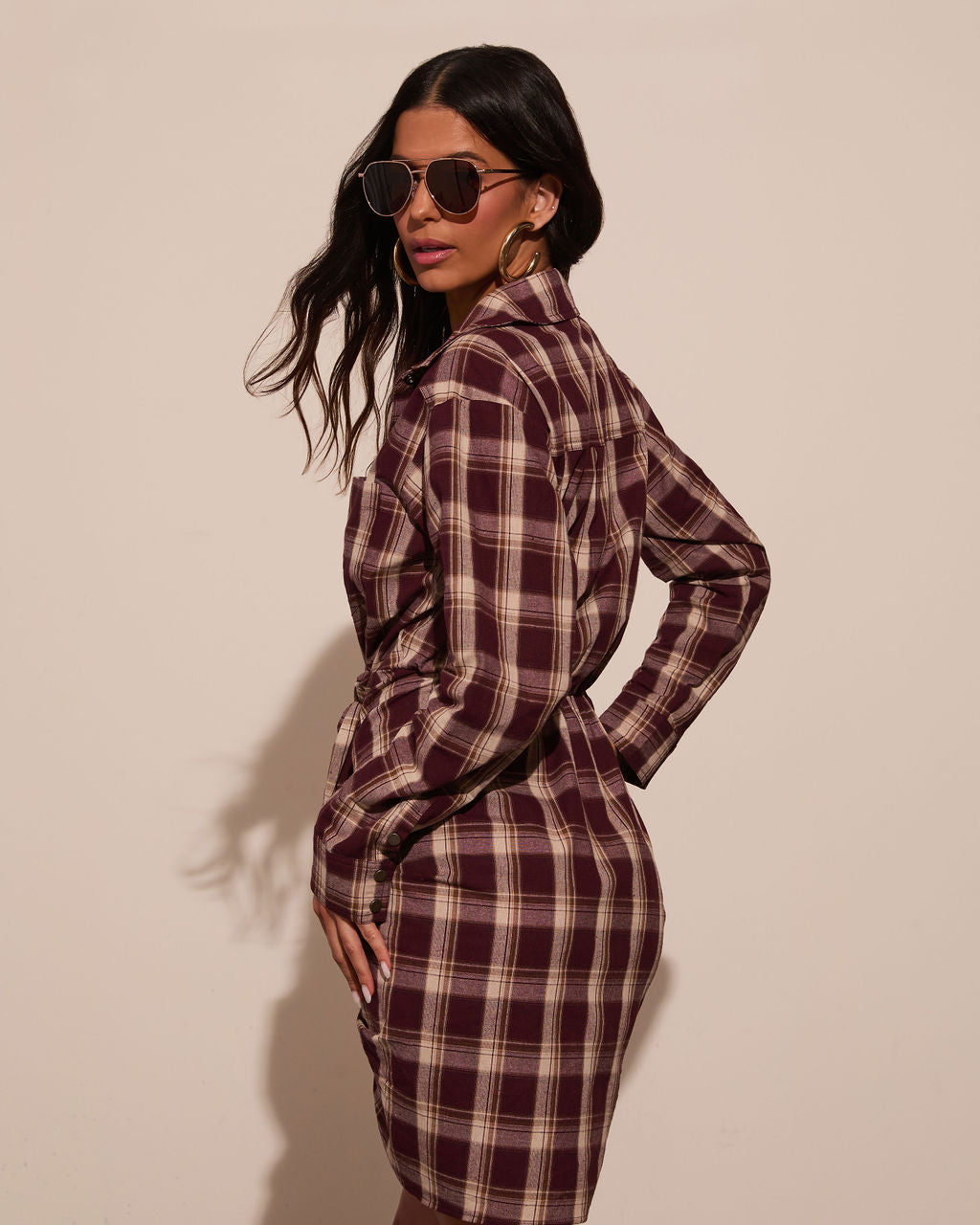 Archie Cotton Ruched Plaid Shirt Dress