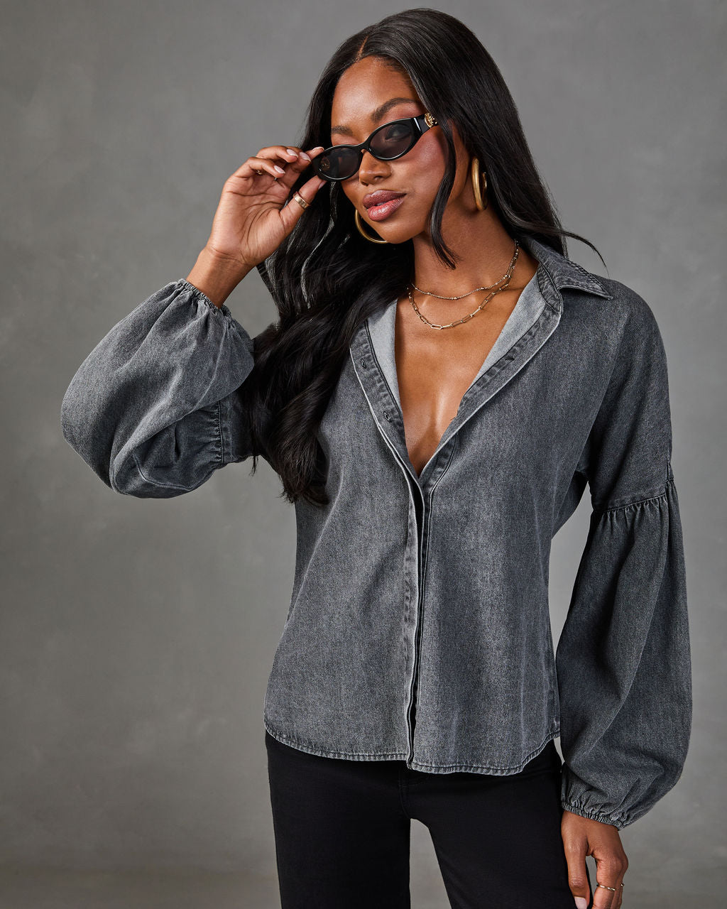 Apple Picking Denim Balloon Sleeve Blouse