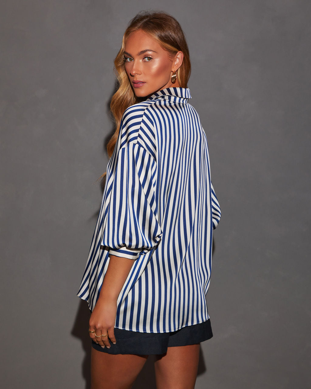 Blake Striped Blousson Sleeve Collared Satin Shirt