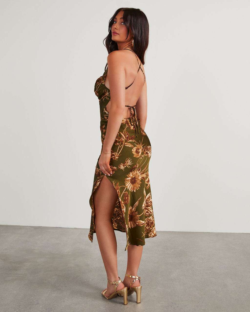 Autumn Blooms Satin Floral Midi Dress